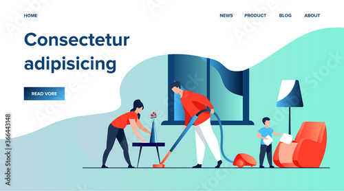 Happy family housekeeping together flat vector illustration. Daughter, mother and father working for household and clean home. Housekeeping and house concept