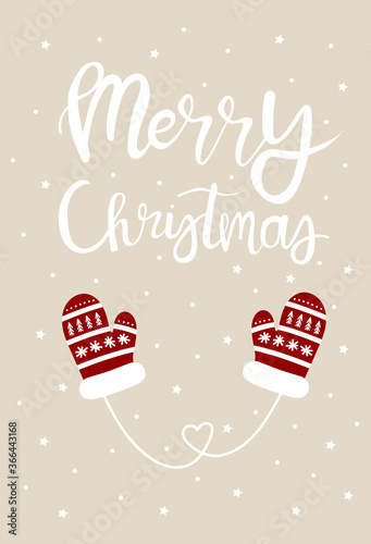 Vector Christmas card with white hand lettering Merry Christmas and red mittens with pattern tracery isolated on beige background.