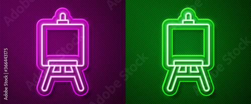 Glowing neon line Wood easel or painting art boards icon isolated on purple and green background. Vector Illustration.