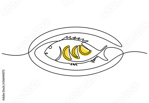 One line drawing of carp fish restaurant logotype template concept. Grilled seafood with lemon wedges for cafe shop logo. Modern single line design for posters, vector illustration