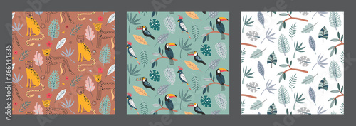 Set of three cute vector seamless pattern with leopard animals exotic birds, parrot, toucan and tropical plants.