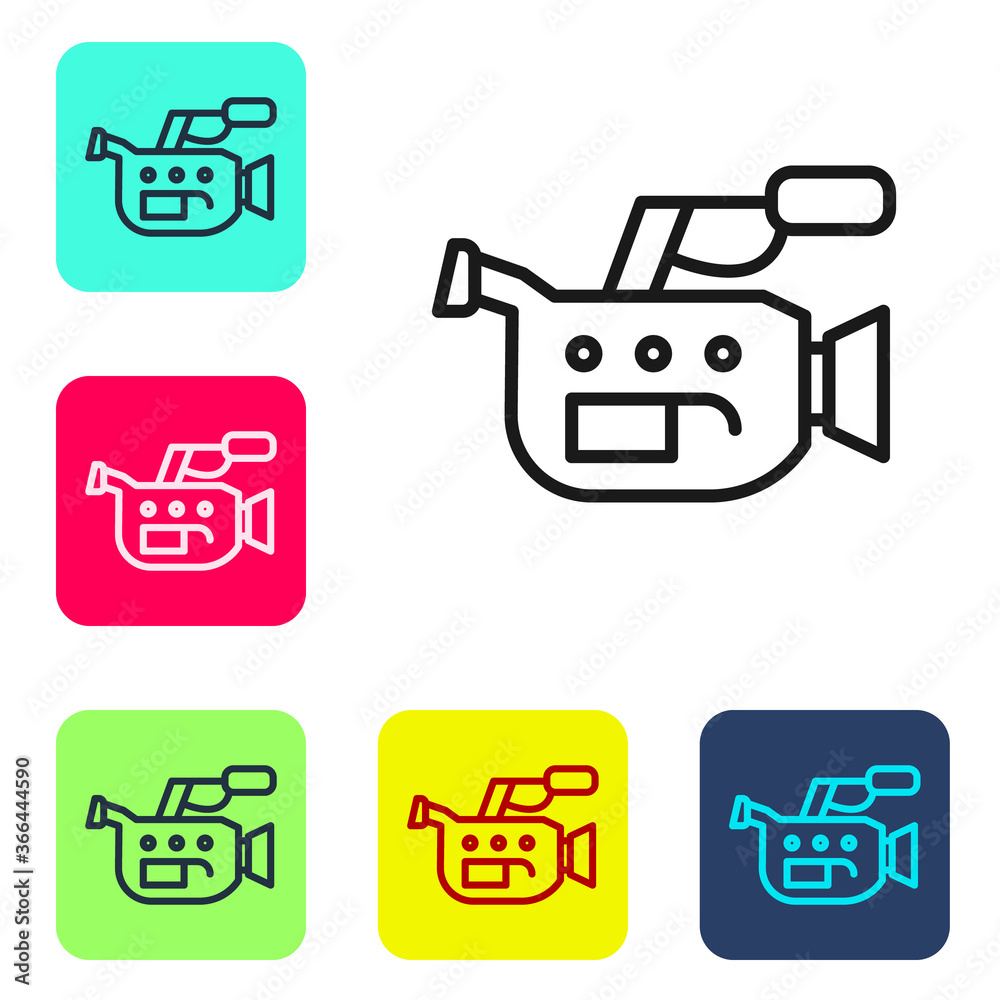 Black line Cinema camera icon isolated on white background. Video camera. Movie sign. Film projector. Set icons in color square buttons. Vector Illustration. Black line Cinema camera icon isolated on white background. Video camera. Movie sign. Film projector. Set icons in color square buttons. Vector Illustration.