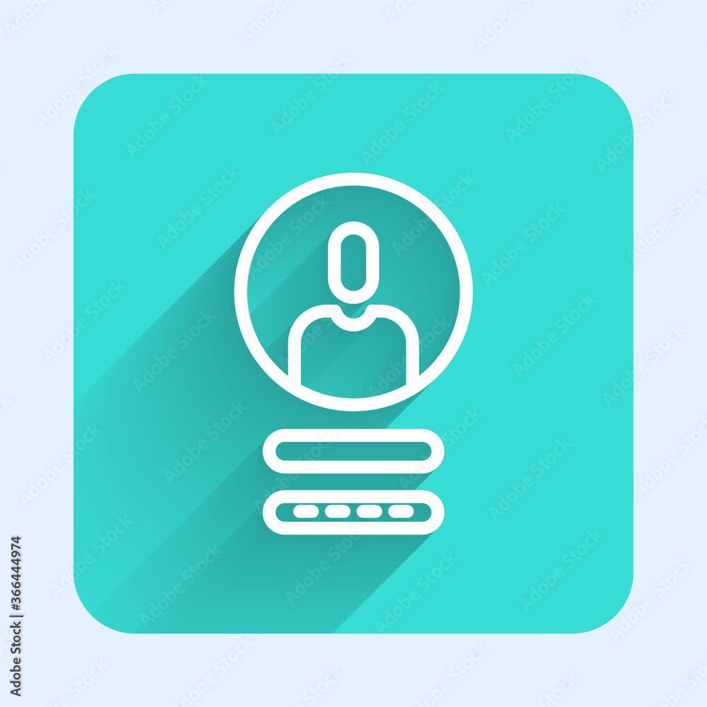 White line Create account screen icon isolated with long shadow. Green square button. Vector Illustration. White line Create account screen icon isolated with long shadow. Green square button. Vector Illustration.