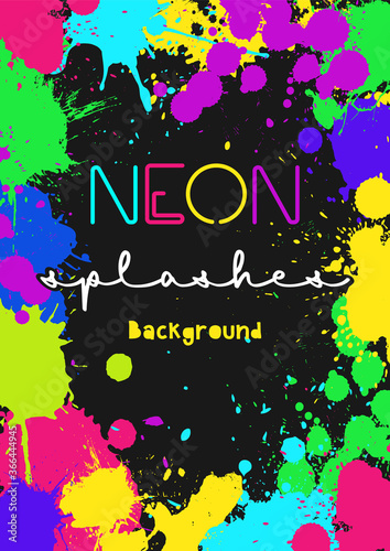 Neon Splashes Background, 1980s Trendy Color Blot Pattern 
