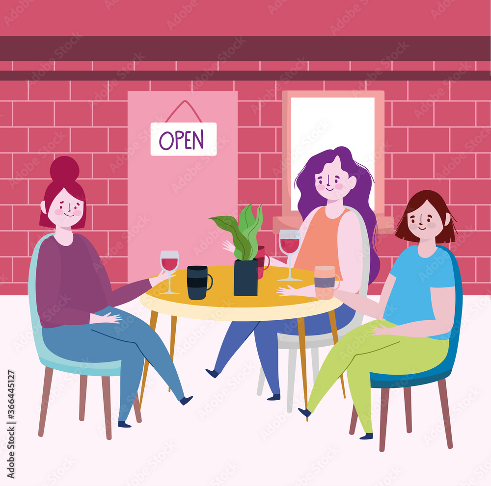 social distancing restaurant or a cafe, young women with coffee and wine cups in table, covid 19 coronavirus, new normal life