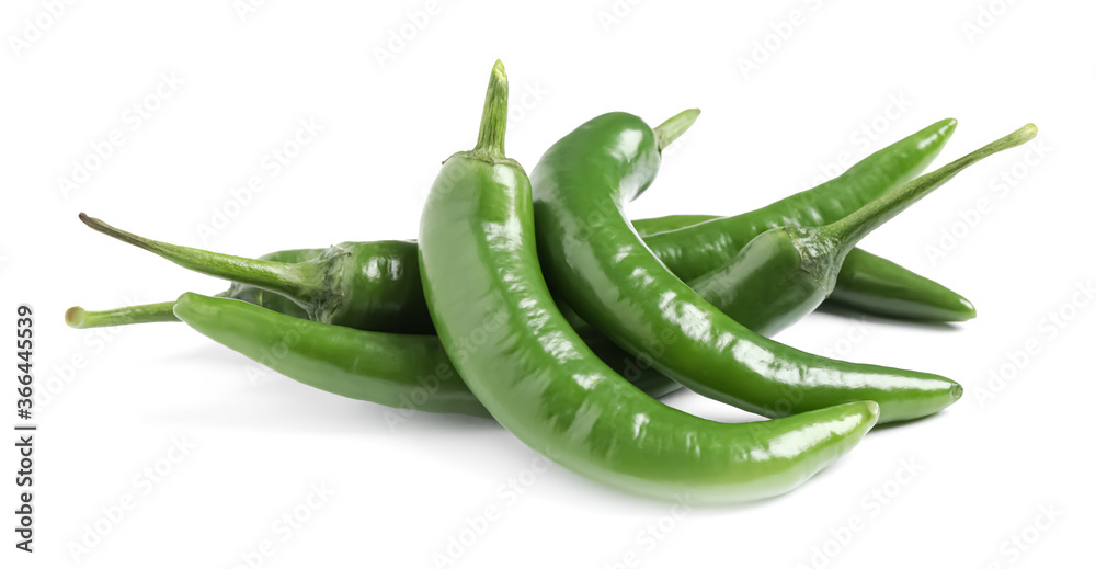 Green hot chili peppers on white background Green hot chili peppers on white background