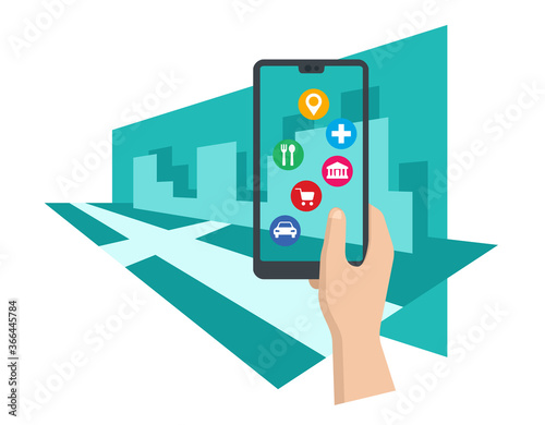 Augmented reality concept with phone holding in hands and places of interest on device screen