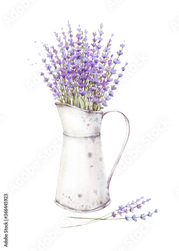 Hand-drawn lavender flowers with leaves in pot closeup isolated on a white background. Hand painting on paper. Watercolor illustration of a bouquet of lavender  Provence  herbs  vintage card  vintage 