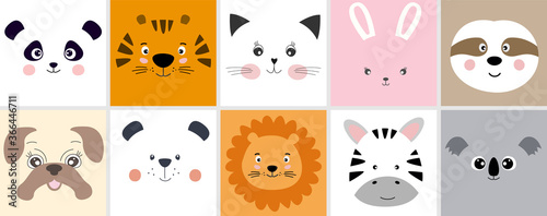 Cute cartoon animals panda, tiger, cat, rabbit, sloth, pug, bear, lion, zebra and koala, kawaii flat style.