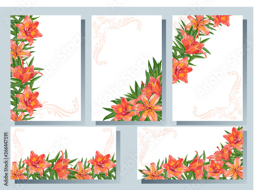 Set of templates for cards, flyers, invitation with flowers of lilies and leaves.