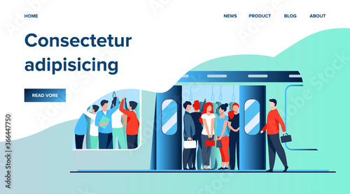 Crowd of commuters traveling by subway train. Metro passengers standing in overcrowding tube carriage. Vector illustration for public transport, commuting, rush hour concept