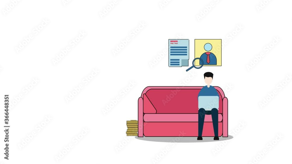 Young man animation using a laptop which connected to the big bulb while sitting on the couch. Shot in 4k resolution