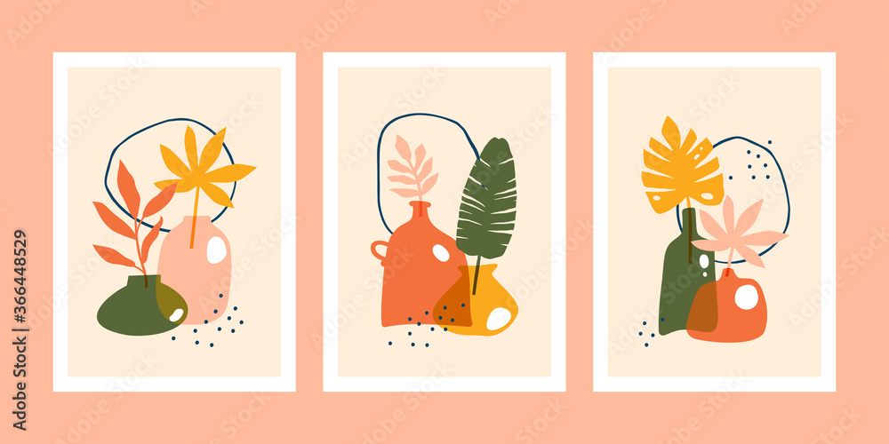 Set of minimalistic posters or cards with abstract tropical leaves composition in trendy contemporary collage style. Set of minimalistic posters or cards with abstract tropical leaves composition in trendy contemporary collage style.