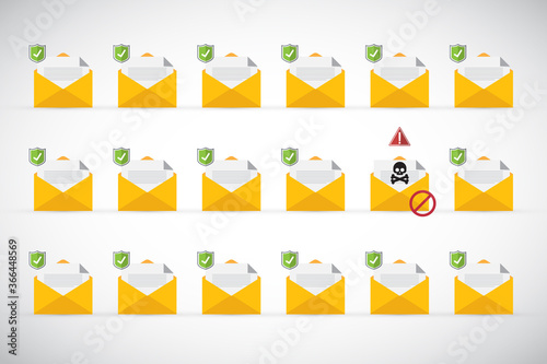 Free Download Email / envelope with black document and skull icon. Virus, malware, email fraud, e-mail spam, phishing scam, hacker attack concept. Vector illustration	 - GFXLoad