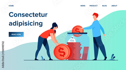 Family couple saving money. Man and woman inserting cash into glass jar. Vector illustration for finance, deposit, economy, investment, banking, concept