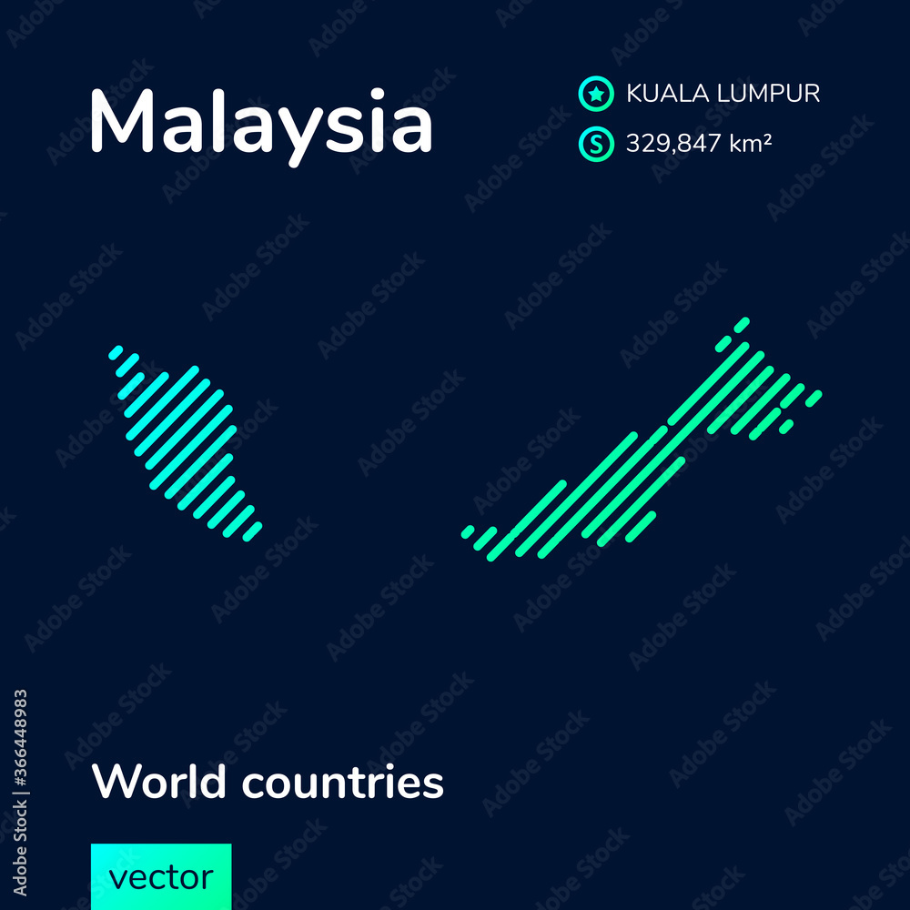 Vector  striped map of Malaysia in green colors on the dark blue background
