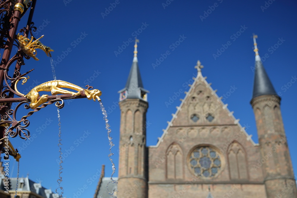 Detail (gargoyle) of the neo-gothic fountain in the Ridderzaal (Knight's Hall), which forms the center of the Binnenhof (13 century gothic castle), The Hague, Netherlands. The external facade of the R