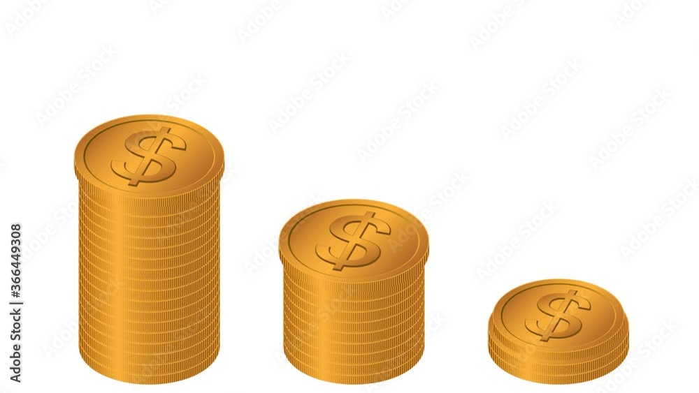 Raising of golden dollar coins stacks on white background. Money saving and economy concepts. 3d animation Raising of golden dollar coins stacks on white background. Money saving and economy concepts. 3d animation