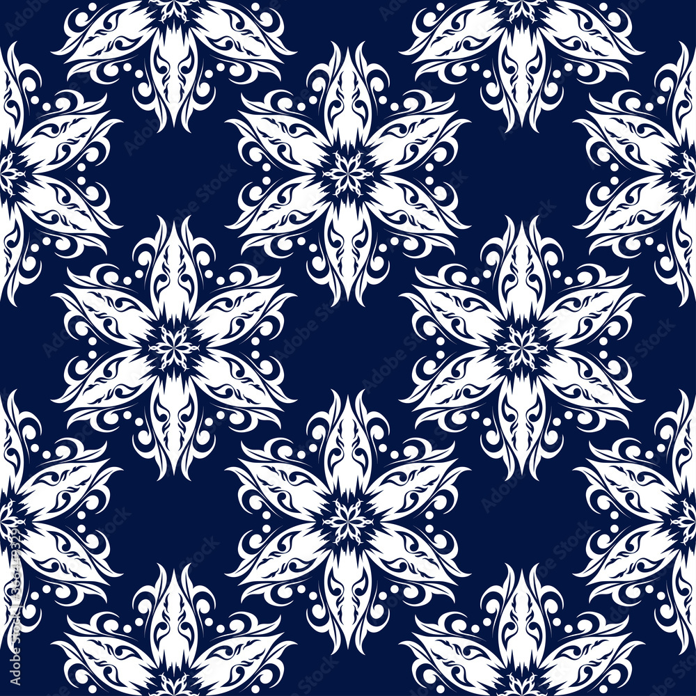 Floral seamless pattern. White design on deep blue background