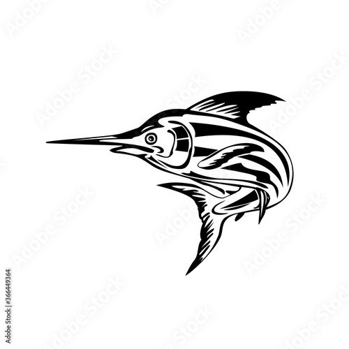 Atlantic Blue Marlin Jumping Upward Retro Black and White