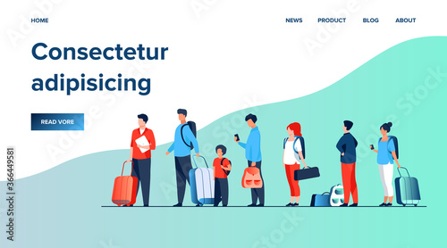 Group of tourist with luggage standing in line. Men, women, kid holding their bags and suitcases Vector illustration for trip, airport, travel, queue concept