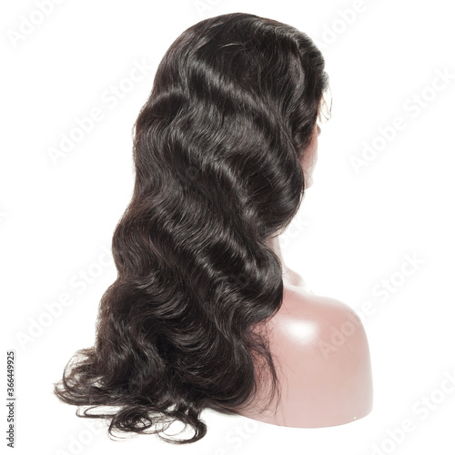 body wavy black human hair weft wigs on a fake model