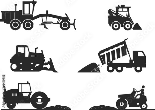 Construction equipment set: dump truck, compactor, asphalt paver, tractor, loader isolated on white background. Silhouette of a machine for road works. Flat infographics. Vector illustration