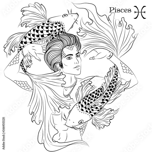 Zodiac. Vector illustration of the astrological sign of Pisces as a beautiful man with naked torso. Line art for coloring book page. Illustration isolated on white background