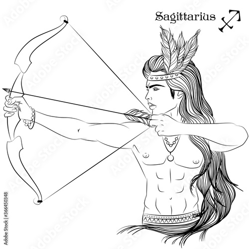Zodiac. Vector illustration of the astrological sign of Sagittarius as a beautiful man with naked torso. Line art for coloring book page. Illustration isolated on white background