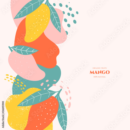 Vector frame with doodle mango and abstract elements. Hand drawn illustrations.