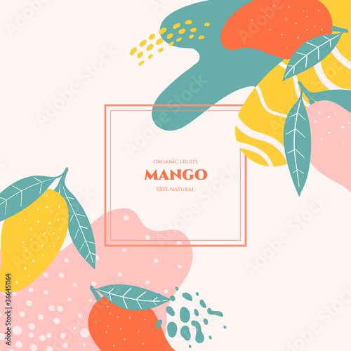 Vector frame with doodle mango and abstract elements. Hand drawn illustrations.