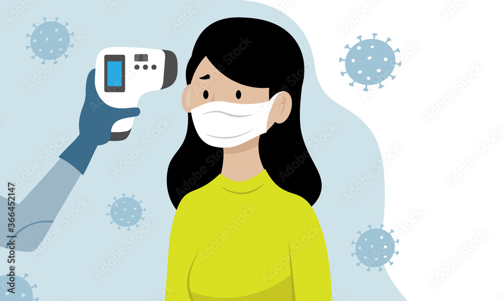 Prevention covid-19. Person measuring temperature to a woman. Isolated vector Prevention covid-19. Person measuring temperature to a woman. Isolated vector
