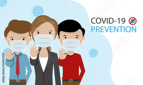 People with masks to stop the coronavirus. Poster mandatory use of masks