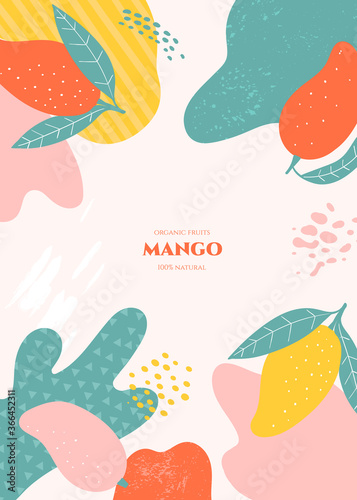 Vector frame with doodle mango and abstract elements. Hand drawn illustrations.