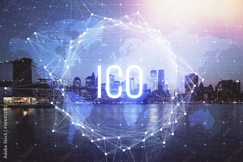 Multi exposure of cryptocurrency theme hologram drawing and city veiw background. Concept of blockchain and bitcoin. Multi exposure of cryptocurrency theme hologram drawing and city veiw background. Concept of blockchain and bitcoin.