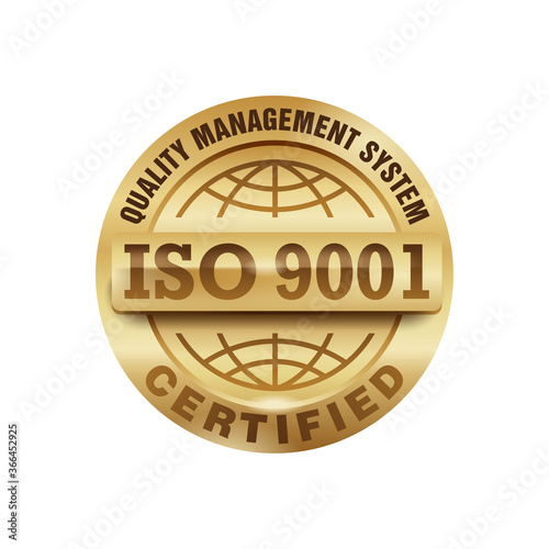 ISO 9001 gold stamp - certification and conformity to international standards  - golden medal award with international quality management system guarantee emblem - isolated vector icon