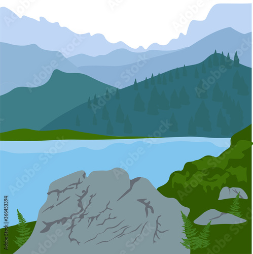 Vector illustration of beautiful dark blue mountain landscape with fog and forest. sunrise and sunset in mountains. Meadow grass sage. Walking and traveling. alpine landscape.