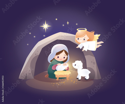 Nativity scene. Virgin Mary and baby infant Jesus and Angel. Christmas illustration. Christmas symbol.