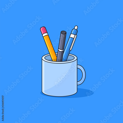 A cup full of school tools cartoon style vector illustration. Pencil, pen, marker office tools inside coffee glass simple minimal outline flat design