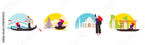 Woman traveling around the World. Set of travel illustrations, pictures sketches scenes. Thailand. India. Bali. Venice. Traveling concept. Traveler's icons.