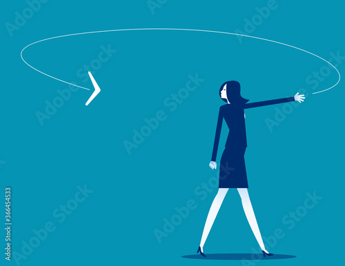 A businesswoman looking at the boomerang coming his way