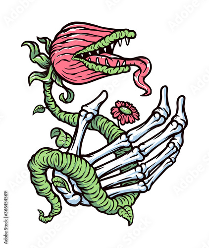 Hand skull and monster plant vector illustration