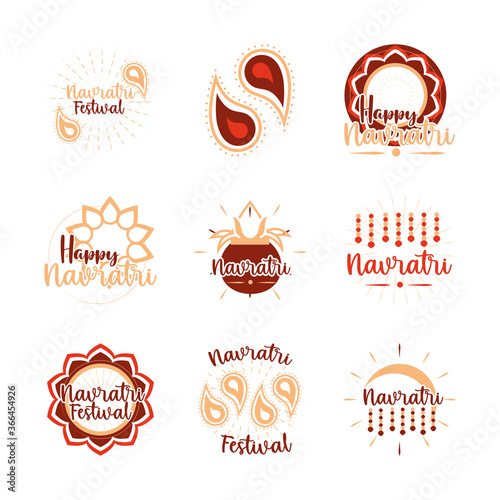 happy navratri indian celebration, goddess durga culture traditonal icons set flat style