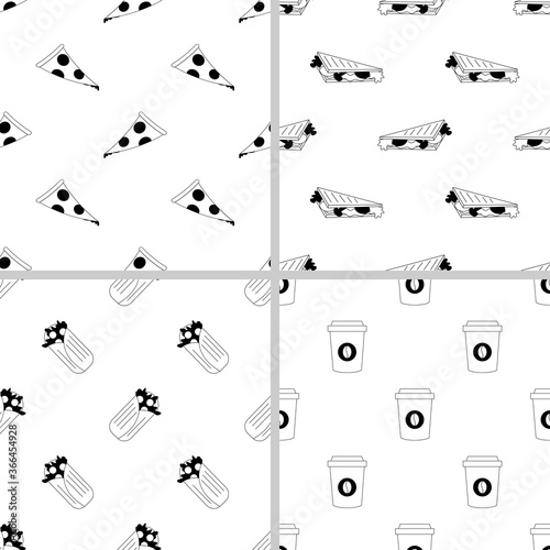 Set of fast food patterns. The set includes a pattern of pizza slice, sandwich,gyros, coffee. Patterns of black icons in a linear style on a white background.