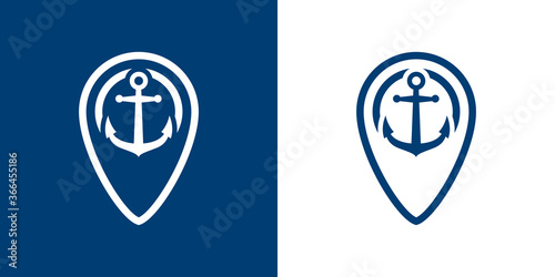 Logotipo estilo nautical. Icono plano ancla en puntero lineal en fondo azul marino y fondo blanco