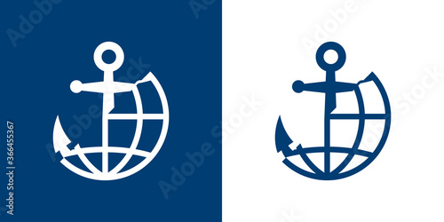 Logotipo estilo nautical. Icono plano ancla dividida con globo terráqueo en color azul marino y blanco
