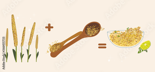 Pearl millet and Couscous products,quinoa,vegan organic food. Steamed balls of crushed durum wheat semolina.Spoon with grain. Hand drawn doodle vector Poster for cafe menu.Every objects are isolated. 