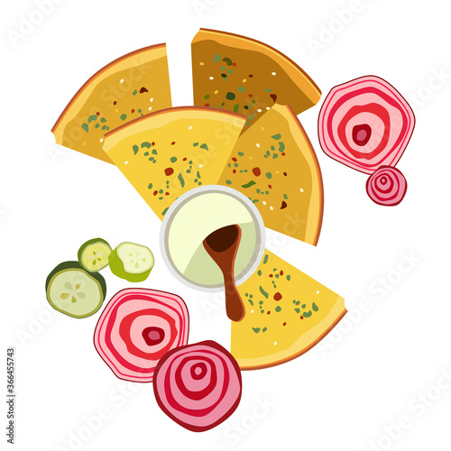 Chickpea flatbread hails with herbal sauce and red onion slices.Vegan gluten-free light dish.Delicious appetizer from France.Healthy food with zuccini and sour cream.Flat vector illustration cafe menu