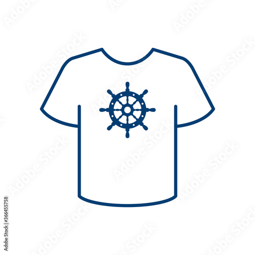 Logotipo estilo nautical. Icono plano timón en camiseta lineal en color azul marino