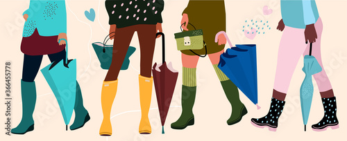 Set of four pairs female legs in cool rubber boots and hands with different types of trendy umbrellas.Hand drawn pastel colored vector poster.Different ethnicities.Banner for fashion boutique,shopping